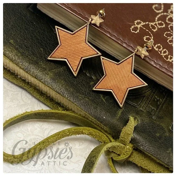 Wooden Stars in Gold Earrings - Picture 2 of 6